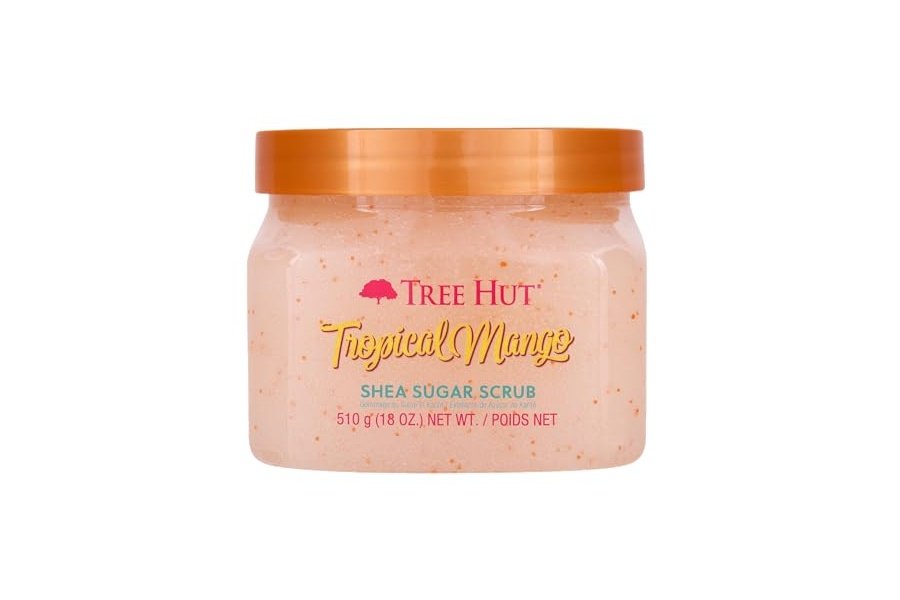 Exfoliante de azúcar y karité Tree Hut con mango tropical, 18 oz, ultra hidratante y exfoliante para un cuidado corporal nutritivo y esencial.
