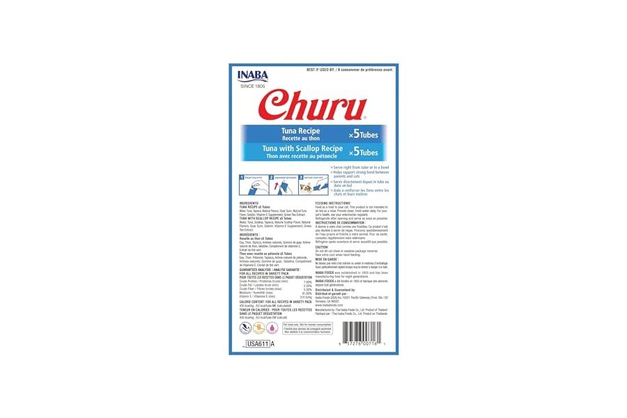 Galletas para gatos INABA Churu, sin cereales, para lamer y exprimibles, puré cremoso con vitamina E y taurina, 14 g cada tubo, 10 tubos en total/dos sabores, variedad de atún - Image 2