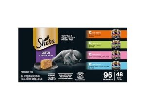 Paquete variado de alimento húmedo para gatos Sheba Perfect Portions Paté: Pollo sabroso, pavo asado con salmón sostenible y pescado blanco tierno con atún, bandejas de 75 g (48 unidades, 96 porciones)