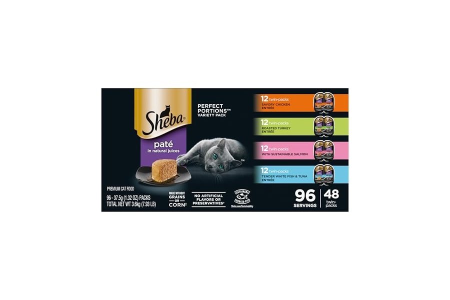 Paquete variado de alimento húmedo para gatos Sheba Perfect Portions Paté: Pollo sabroso, pavo asado con salmón sostenible y pescado blanco tierno con atún, bandejas de 75 g (48 unidades, 96 porciones)