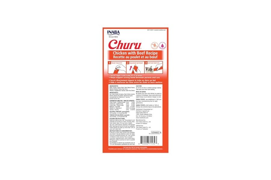 Galletas para gatos INABA Churu, sin cereales, para lamer y exprimible, puré cremoso con vitamina E y taurina, 14 g cada tubo, 24 tubos (4 por paquete), receta de pollo con ternera - Image 2