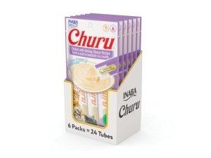 Galletas para gatos INABA Churu, sin cereales, para lamer y exprimible, puré cremoso con vitamina E y taurina, 14 g cada tubo, 24 tubos (4 por paquete), receta de pollo con camarones