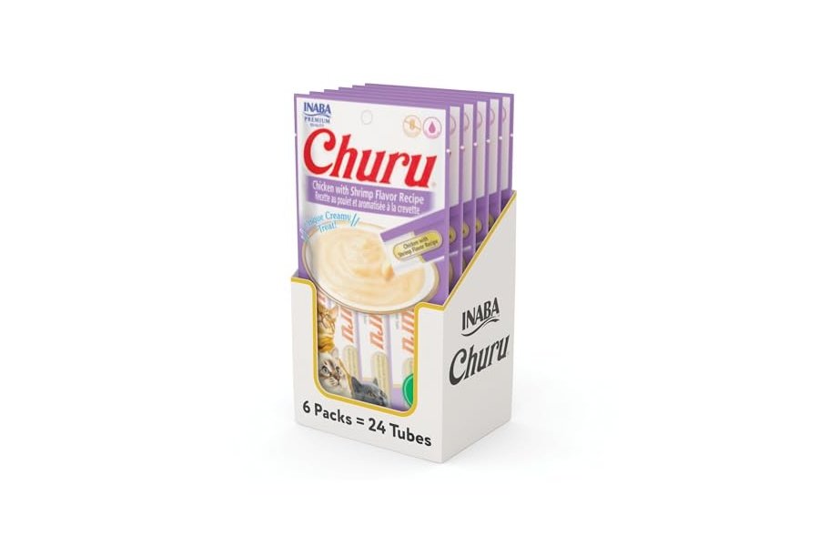 Galletas para gatos INABA Churu, sin cereales, para lamer y exprimible, puré cremoso con vitamina E y taurina, 14 g cada tubo, 24 tubos (4 por paquete), receta de pollo con camarones