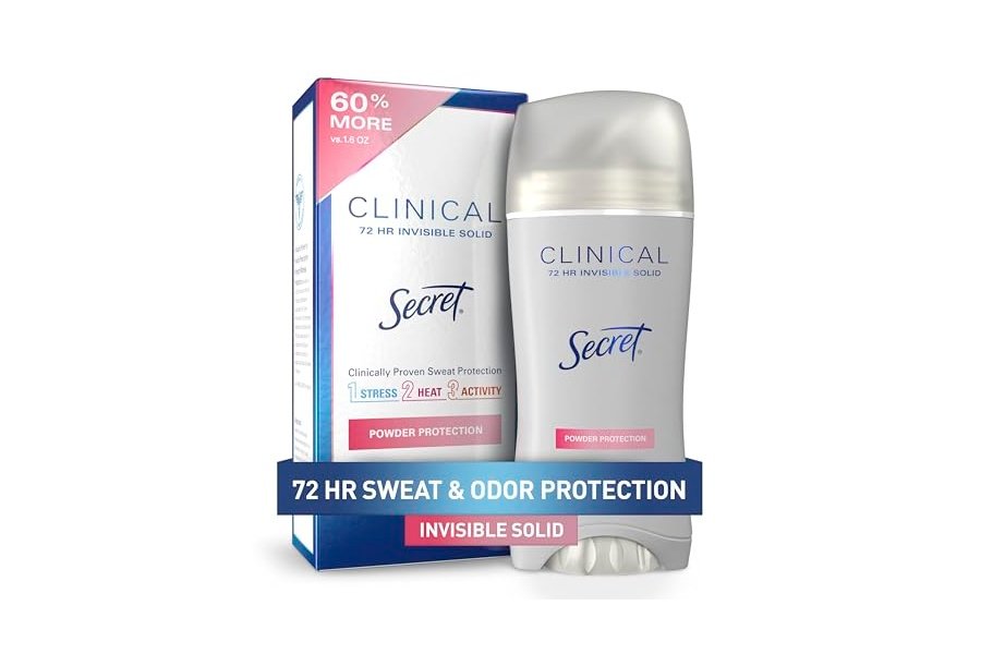 Desodorante antitranspirante Secret Clinical Strength para mujer, triple protección contra el estrés, 72 h de protección contra el sudor y el mal olor, minerales que equilibran el pH, sólido invisible, aroma a polvo protector, 77 g