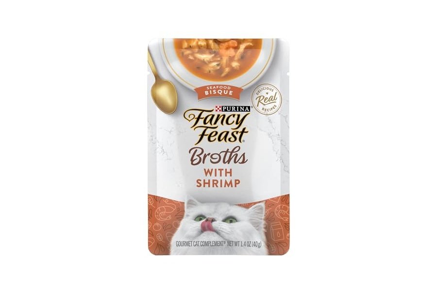 Alimento húmedo para gatos Purina Fancy Feast para lamer, con caldo y bisque de mariscos y camarones - (Paquete de 16) Bolsas de 45 g