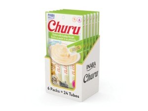 Galletas para gatos INABA Churu, sin cereales, para lamer y exprimible, puré cremoso con vitamina E y taurina, 14 g cada tubo, 24 tubos (4 por paquete), receta de pollo con vieiras