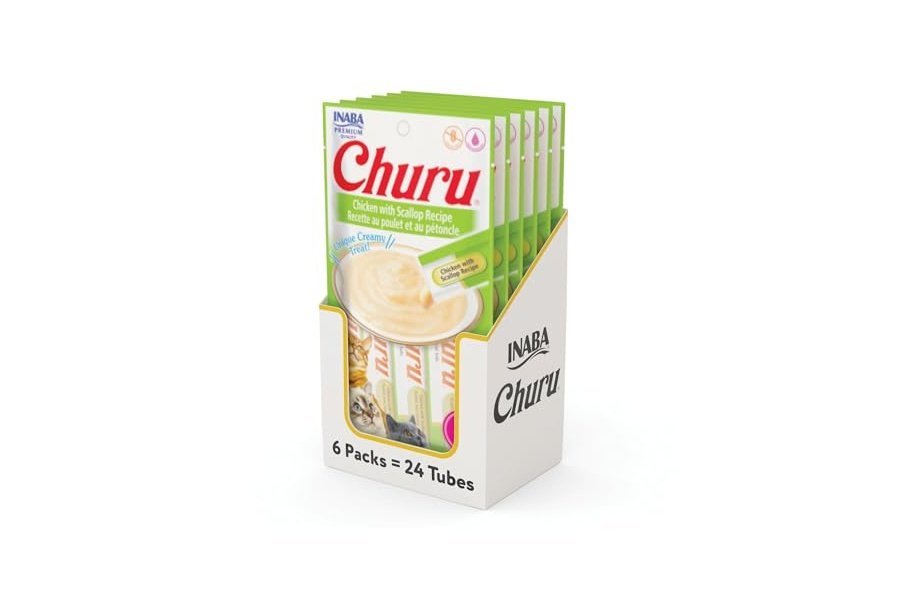 Galletas para gatos INABA Churu, sin cereales, para lamer y exprimible, puré cremoso con vitamina E y taurina, 14 g cada tubo, 24 tubos (4 por paquete), receta de pollo con vieiras