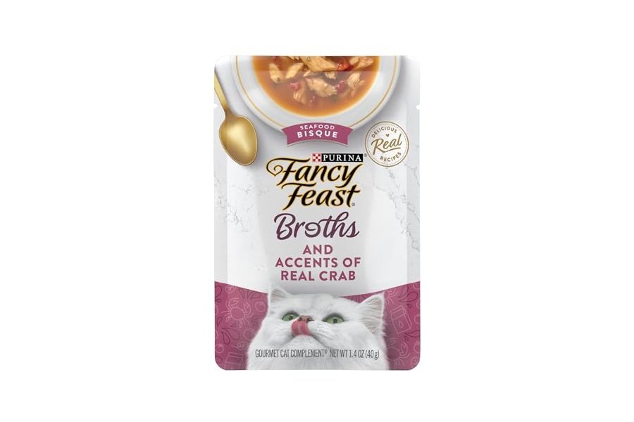 Alimento húmedo para gatos Purina Fancy Feast para lamer, con caldo, bisque de mariscos y toques de cangrejo real - (paquete de 16) sobres de 45 g