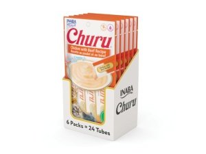 Galletas para gatos INABA Churu, sin cereales, para lamer y exprimible, puré cremoso con vitamina E y taurina, 14 g cada tubo, 24 tubos (4 por paquete), receta de pollo con ternera