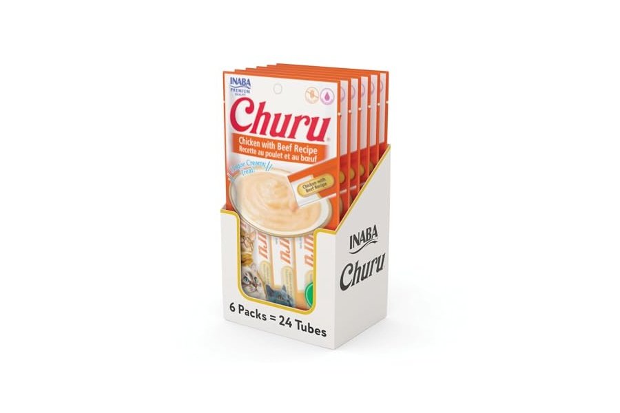 Galletas para gatos INABA Churu, sin cereales, para lamer y exprimible, puré cremoso con vitamina E y taurina, 14 g cada tubo, 24 tubos (4 por paquete), receta de pollo con ternera