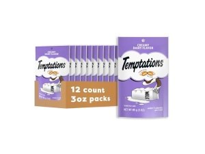 TEMPTATIONS Golosinas clásicas para gatos con sabor cremoso a lácteos, 3 onzas (paquete de 12)