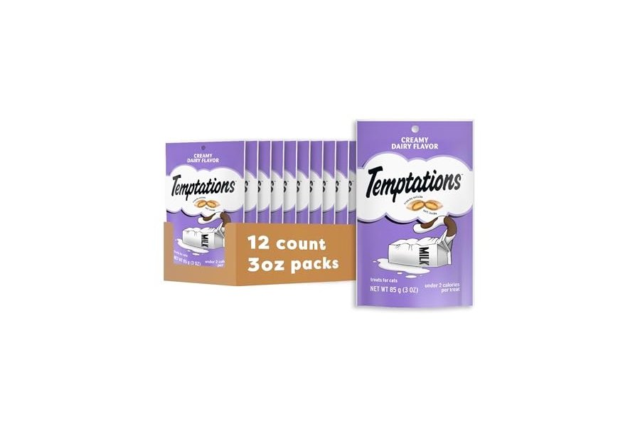 TEMPTATIONS Golosinas clásicas para gatos con sabor cremoso a lácteos, 3 onzas (paquete de 12)