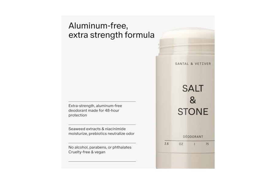 Desodorante natural SALT & STONE - Santal | Desodorante natural extrafuerte para mujeres y hombres | Sin aluminio, con probióticos, extractos de algas y manteca de karité (77 g) - Image 4