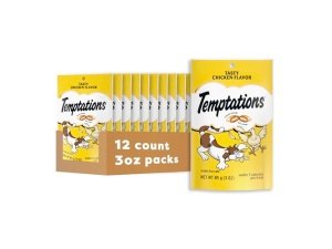 Premios Temptations Classic Crujientes y Suaves para Gatos con Sabor a Pollo, Bolsa de 85 g (Paquete de 12)