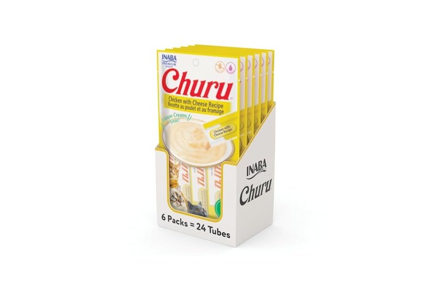 Galletas para gatos INABA Churu, sin cereales, para lamer y exprimible, puré cremoso con vitamina E y taurina, 14 g cada tubo, 24 tubos (4 por paquete), receta de pollo con queso