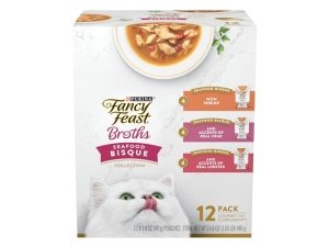 Alimento húmedo para gatos Purina Fancy Feast Broths, bisque de mariscos, sin cereales, para lamer, paquete variado (paquete de 12) bolsas de 45 g