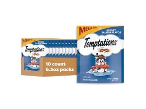 TEMPTATIONS - Golosinas clásicas crujientes y suaves para gatos con sabor a salmón, bolsa de 170 g (paquete de 10)