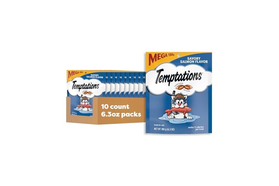 TEMPTATIONS - Golosinas clásicas crujientes y suaves para gatos con sabor a salmón, bolsa de 170 g (paquete de 10)