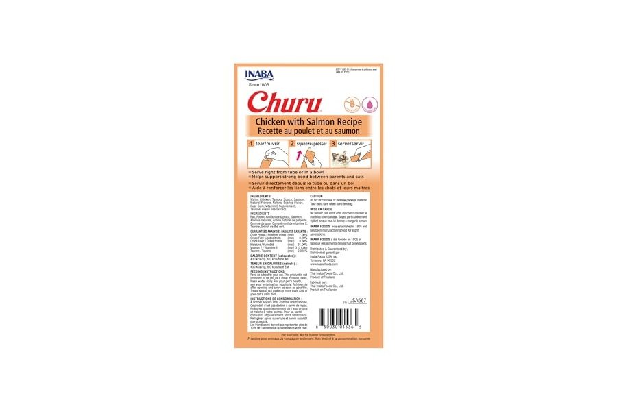 Galletas para gatos INABA Churu, sin cereales, para lamer y exprimibles, puré cremoso con vitamina E y taurina, 14 g cada tubo, 24 tubos (4 por paquete), receta de pollo con salmón - Image 2