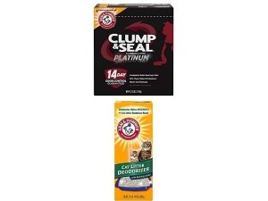 Paquete de arena aglomerante para gatos ARM & HAMMER Clump & Seal Platinum, multigato, 12,5 kg + desodorante para arena para gatos ARM & Hammer, 967 g