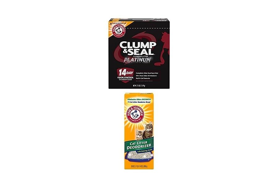 Paquete de arena aglomerante para gatos ARM & HAMMER Clump & Seal Platinum, multigato, 12,5 kg + desodorante para arena para gatos ARM & Hammer, 967 g