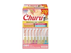 Galletas para gatos INABA Churu, sin cereales, para lamer y exprimibles, puré cremoso con vitamina E y taurina, 14 g cada tubo, 20 tubos, caja con variedad de mariscos