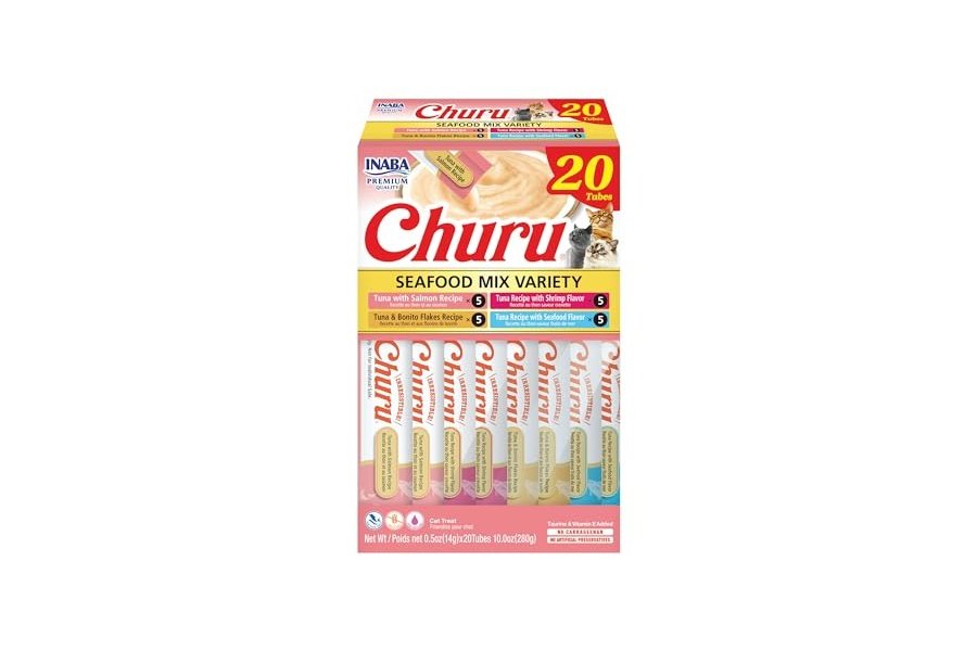 Galletas para gatos INABA Churu, sin cereales, para lamer y exprimibles, puré cremoso con vitamina E y taurina, 14 g cada tubo, 20 tubos, caja con variedad de mariscos