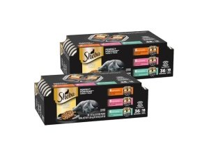 Alimento húmedo para gatos Sheba Perfect Portions, cortes en salsa, paquete variado, pollo asado, con salmón sostenible, 2.6 oz, bandejas dobles (18 unidades, 36 porciones) (paquete de 2)