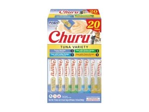 INABA Churu - Golosinas para gatos, puré cremoso para lamer y apretar, con extracto de té verde y taurina, 14 g cada tubo, 20 tubos, caja variada de atún