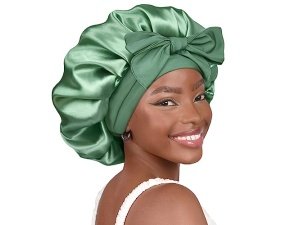 YANIBEST Gorro de seda para dormir para mujer, gorro de satén de doble capa con forro de satén y banda para atar, para cabello rizado