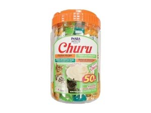 Galletas para gatos INABA Churu, sin cereales, para lamer y exprimibles, puré cremoso con vitamina E y taurina, 14 g cada tubo, 50 tubos, variedad de pollo y mariscos