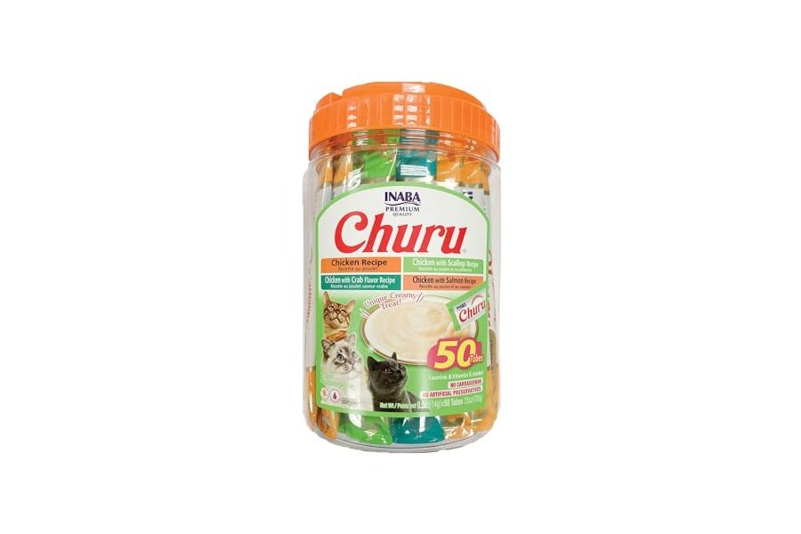 Galletas para gatos INABA Churu, sin cereales, para lamer y exprimibles, puré cremoso con vitamina E y taurina, 14 g cada tubo, 50 tubos, variedad de pollo y mariscos