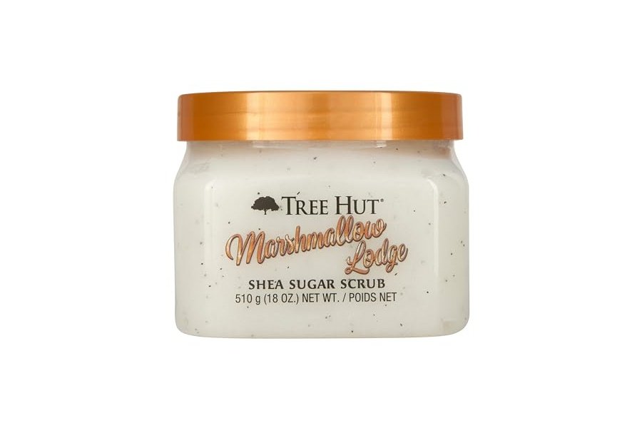 Exfoliante corporal con azúcar y karité Marshmallow Lodge de Tree Hut | Elimina la piel muerta y seca para una sensación suave e hidratada | Edición limitada de otoño | Cuidado corporal esencial nutritivo | 18 fl oz.