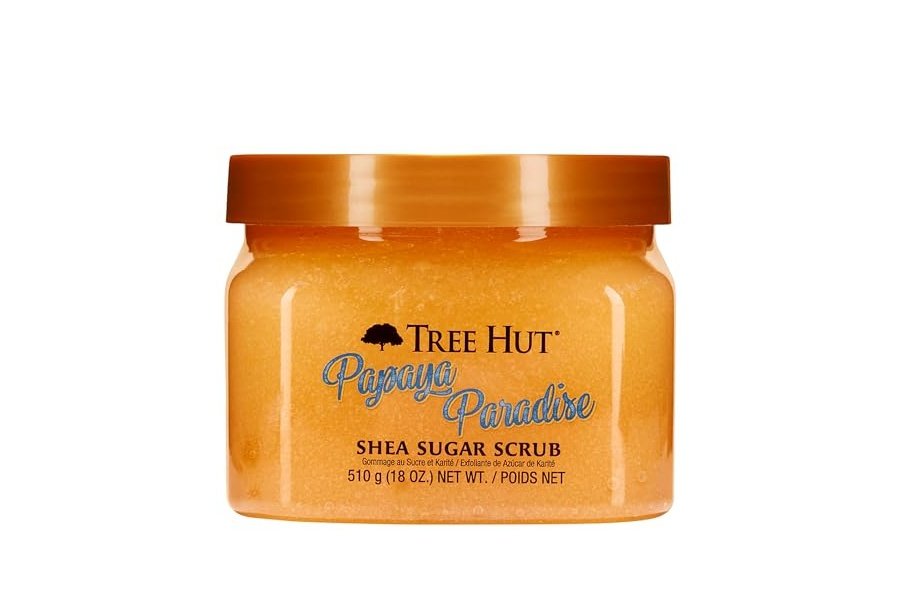 Exfoliante corporal exfoliante con azúcar y karité Tree Hut Papaya Paradise | Elimina la piel muerta y seca para una sensación suave e hidratada | Cuidado corporal esencial nutritivo | 18 fl oz.