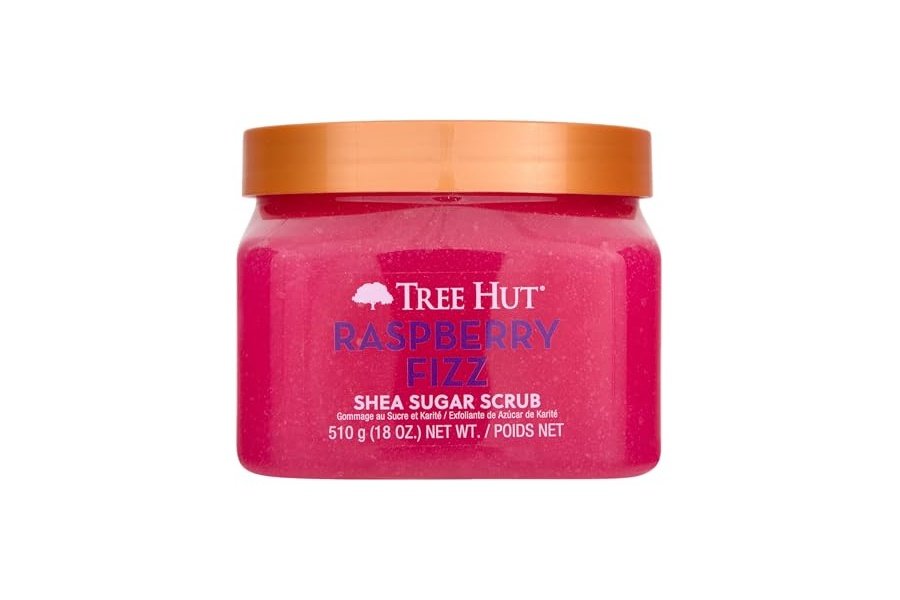 Exfoliante corporal exfoliante con azúcar y karité Raspberry Fizz de Tree Hut | Elimina la piel muerta y seca para una sensación suave e hidratada | Cuidado corporal esencial nutritivo | 18 fl oz.