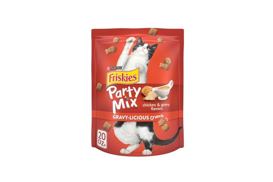 Premios para gatos Purina Friskies, mezcla para fiestas con salsa crujiente y deliciosos sabores de pollo y salsa - Bolsa de 590 g