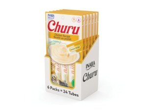Galletas para gatos INABA Churu, sin cereales, para lamer y exprimible, puré cremoso con vitamina E y taurina, 14 g cada tubo, 24 tubos (4 por paquete), receta de pollo