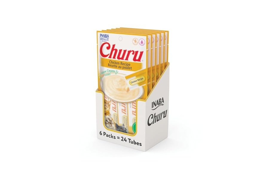 Galletas para gatos INABA Churu, sin cereales, para lamer y exprimible, puré cremoso con vitamina E y taurina, 14 g cada tubo, 24 tubos (4 por paquete), receta de pollo