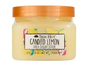 Exfoliante de azúcar y karité Tree Hut con limón confitado, 18 oz, ultra hidratante y exfoliante para un cuidado corporal nutritivo esencial.