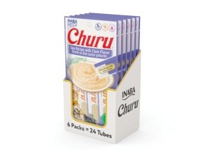 Galletas para gatos INABA Churu, sin cereales, para lamer y exprimible, puré cremoso con vitamina E y taurina, 14 g cada tubo, 24 tubos (4 por paquete), receta de atún con sabor a almeja
