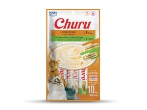 Galletas para gatos INABA Churu, sin cereales, para lamer y exprimibles, puré cremoso con vitamina E y taurina, 14 g cada tubo, 10 tubos en total/dos sabores, variedad de pollo