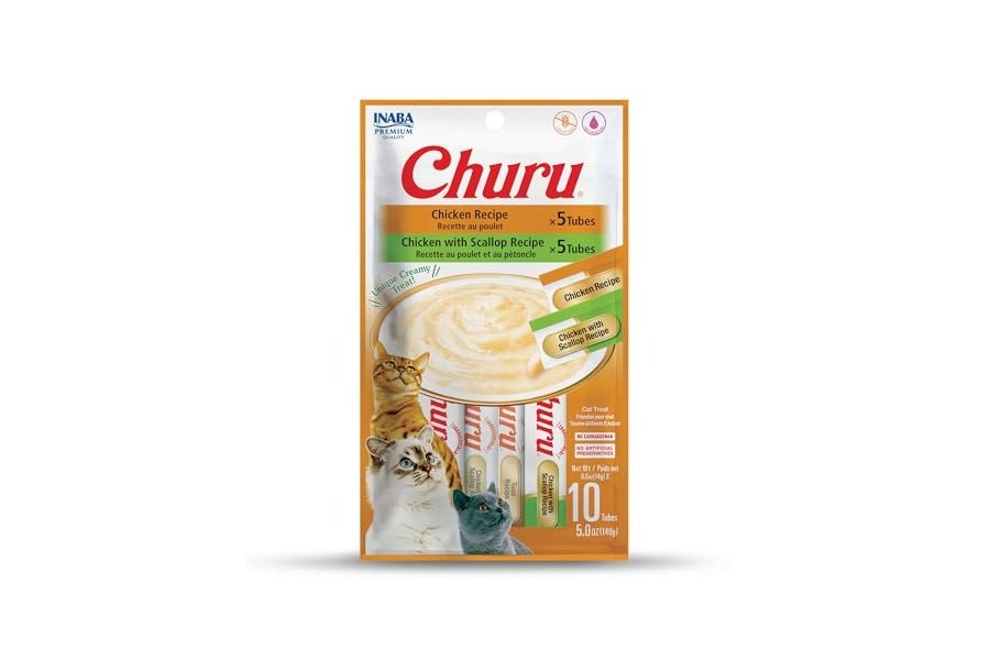 Galletas para gatos INABA Churu, sin cereales, para lamer y exprimibles, puré cremoso con vitamina E y taurina, 14 g cada tubo, 10 tubos en total/dos sabores, variedad de pollo