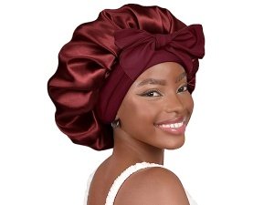YANIBEST - Gorro de seda para dormir para mujer, gorro de satén de doble capa con forro de satén y banda para atar, color burdeos