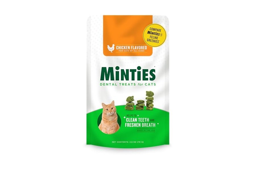 Premios dentales Minties para gatos, sabor a pollo, refrescan el aliento y controlan el sarro, 2.5 oz