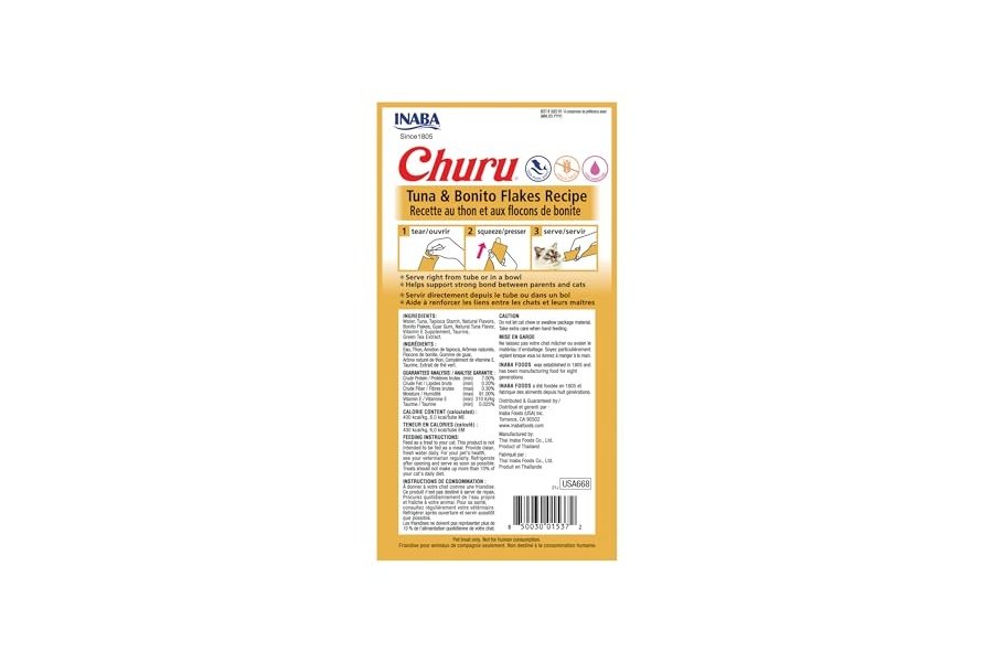 Galletas para gatos INABA Churu, sin cereales, para lamer y exprimible, puré cremoso con vitamina E y taurina, 14 g cada tubo, 24 tubos (4 por paquete), receta de atún con copos de bonito - Image 2