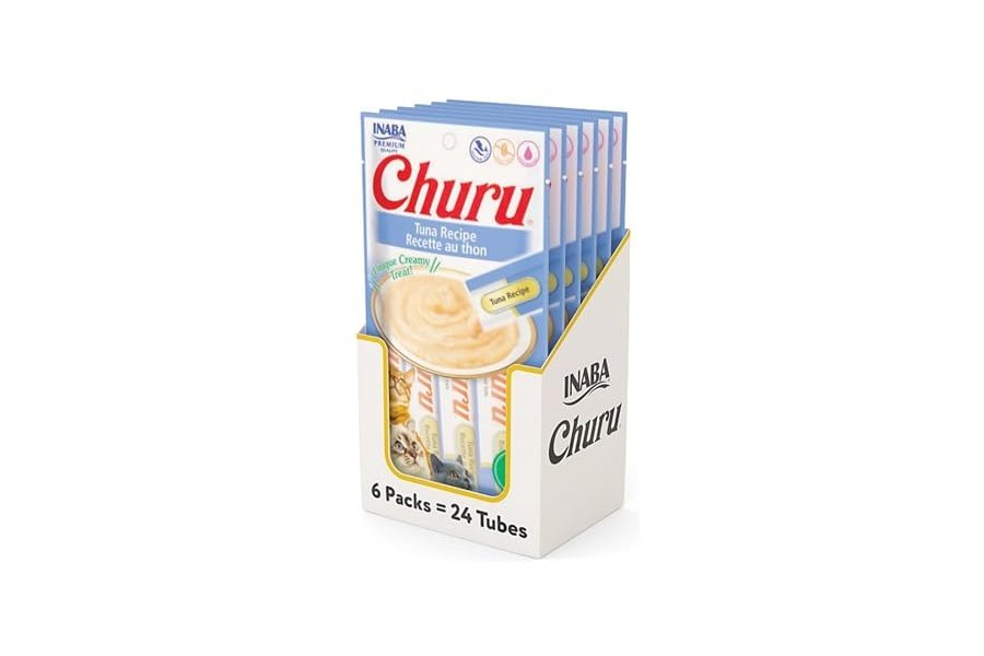Galletas para gatos INABA Churu, sin cereales, para lamer y exprimible, puré cremoso con vitamina E y taurina, 14 g cada tubo, 24 tubos (4 por paquete), receta de atún