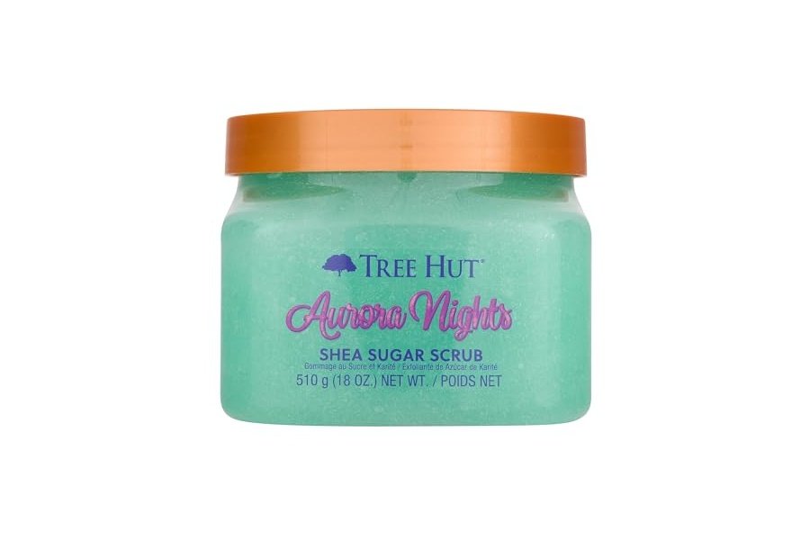 Exfoliante corporal con azúcar y karité Aurora Nights de Tree Hut | Elimina la piel muerta y seca para una sensación suave e hidratada | Cuidado corporal esencial nutritivo | 18 fl oz.