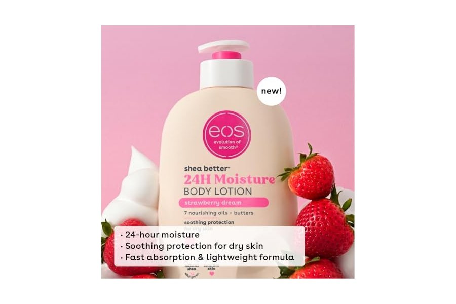 Loción corporal EOS Shea Better Body Lotion - Strawberry Dream, hidratación de 24 horas, ligera y no grasa, hecha con karité natural, vegana, 473 ml (16 onzas líquidas) - Image 3