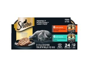 SHEBA Perfect Portions Cuts in Gravy - Bandejas de comida húmeda para gatos (12 unidades, 24 porciones), plato principal exclusivo de atún y pollo asado, bandejas fáciles de despegar en paquete doble
