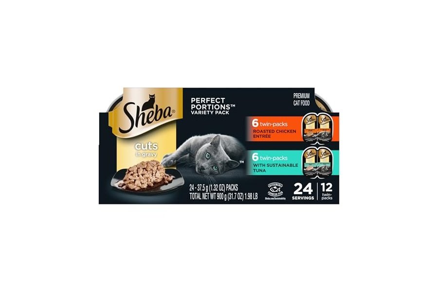 SHEBA Perfect Portions Cuts in Gravy - Bandejas de comida húmeda para gatos (12 unidades, 24 porciones), plato principal exclusivo de atún y pollo asado, bandejas fáciles de despegar en paquete doble